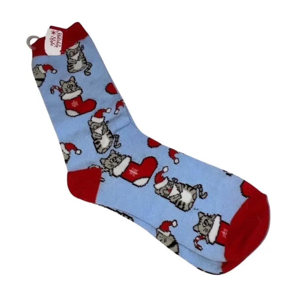 Holiday Style Cat Christmas Blue And Red Socks Size 9-10